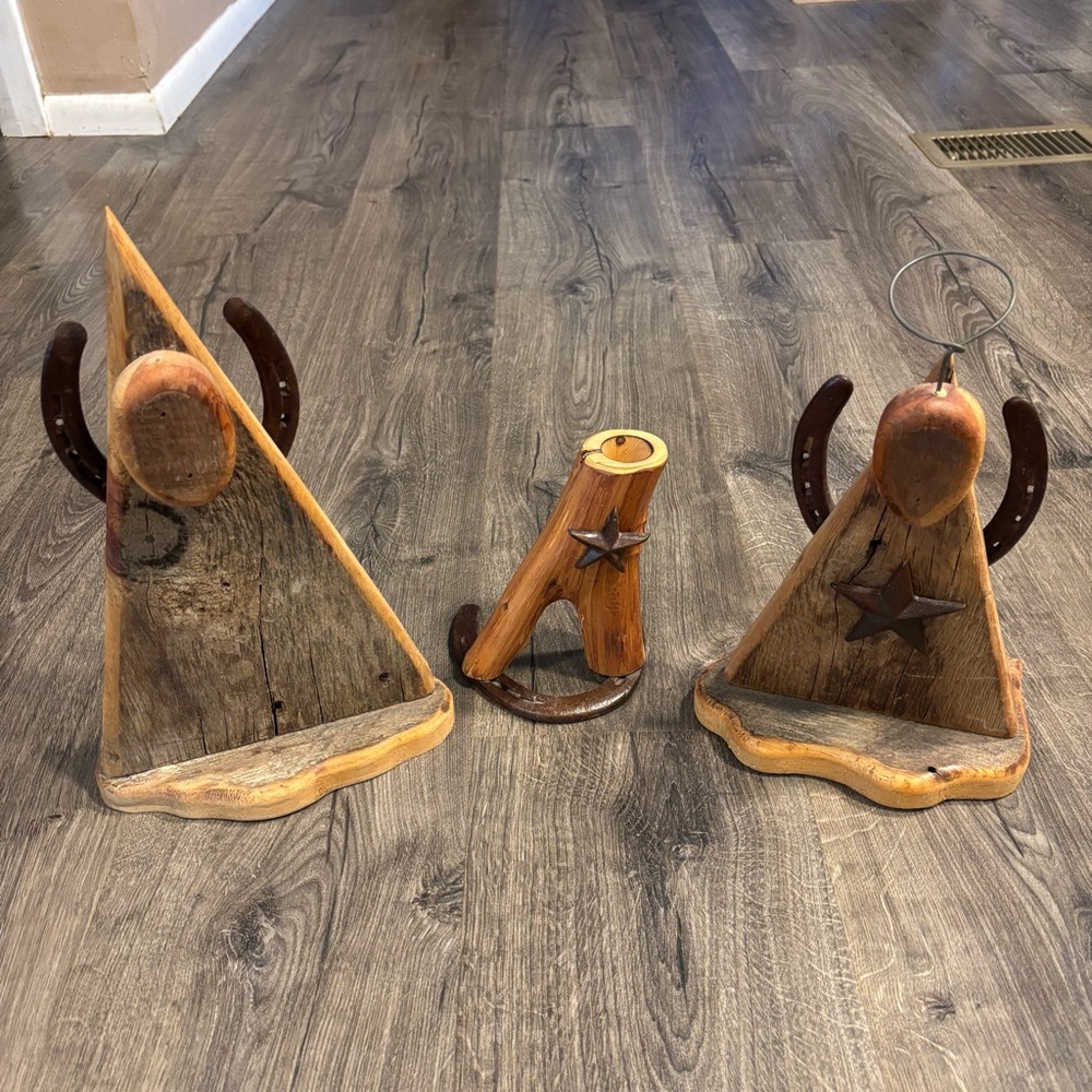 Set of Rustic Barnwood Angel Figurines with Horseshoe Wings & Candle Holder